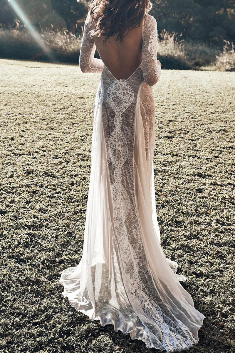 GR | Sweet Solid Lace Back Cutout O Neck Trailing Dresses