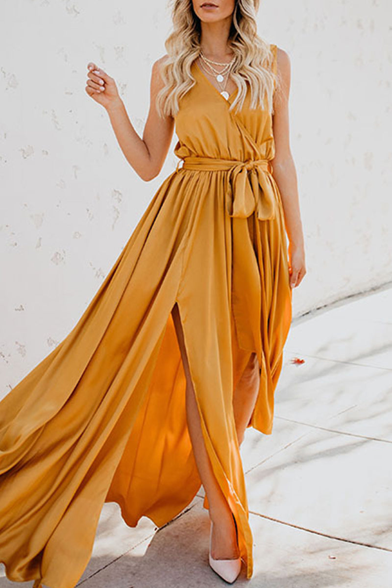 GR | Elegante Einfarbige Hohe Öffnung V-Ausschnitt Ärmelloses Kleid Kleider- 3 Farben