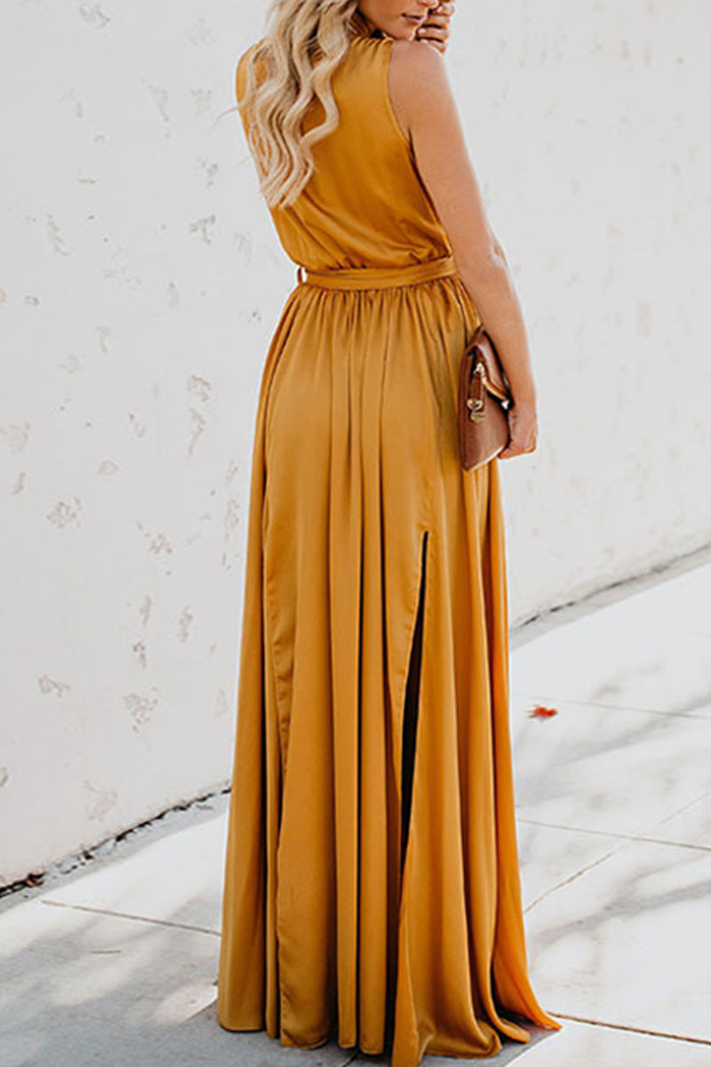 GR | Elegante Einfarbige Hohe Öffnung V-Ausschnitt Ärmelloses Kleid Kleider- 3 Farben