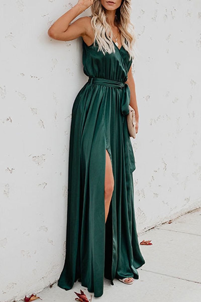 GR | Elegante Einfarbige Hohe Öffnung V-Ausschnitt Ärmelloses Kleid Kleider- 3 Farben