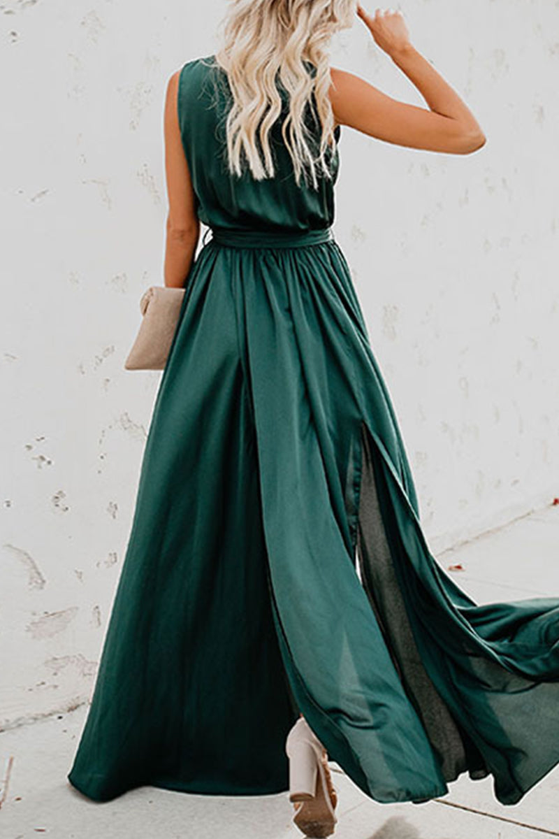GR | Elegante Einfarbige Hohe Öffnung V-Ausschnitt Ärmelloses Kleid Kleider- 3 Farben