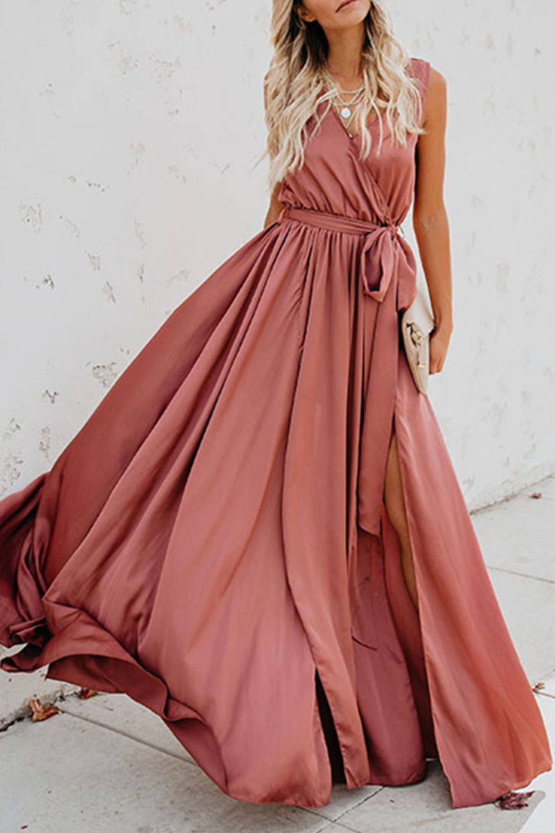 GR | Elegante Einfarbige Hohe Öffnung V-Ausschnitt Ärmelloses Kleid Kleider- 3 Farben
