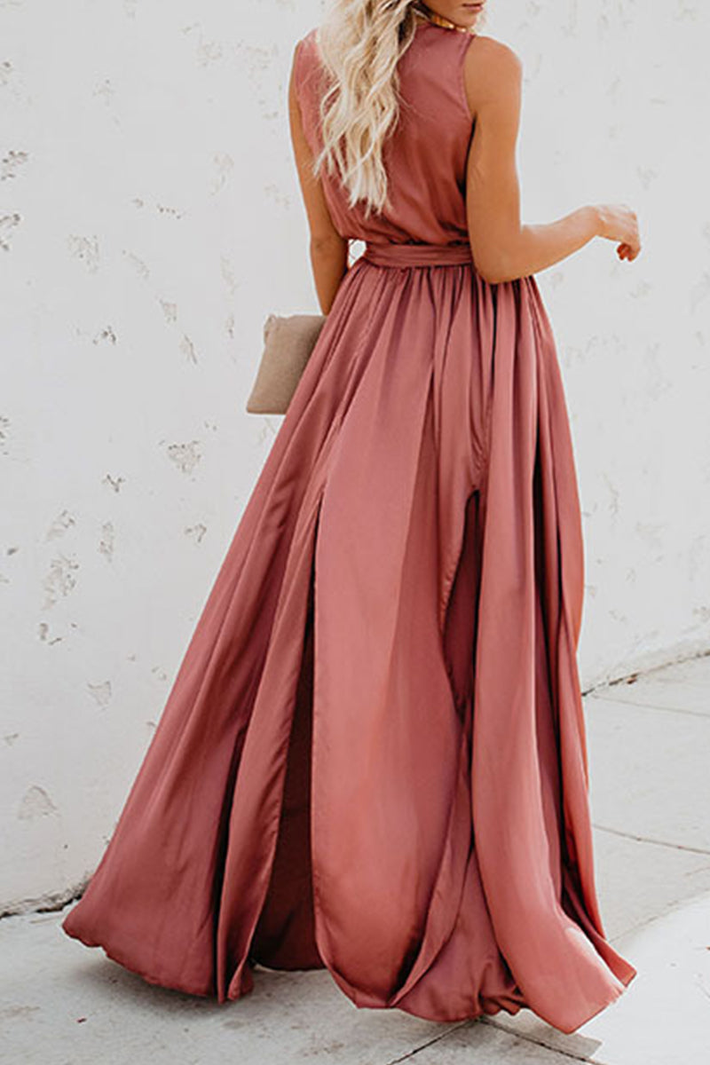GR | Elegante Einfarbige Hohe Öffnung V-Ausschnitt Ärmelloses Kleid Kleider- 3 Farben