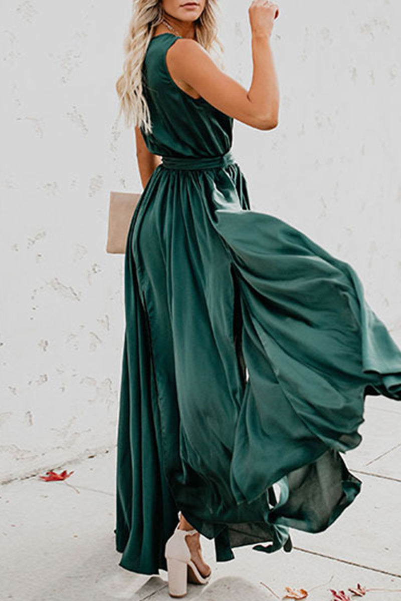GR | Elegante Einfarbige Hohe Öffnung V-Ausschnitt Ärmelloses Kleid Kleider- 3 Farben