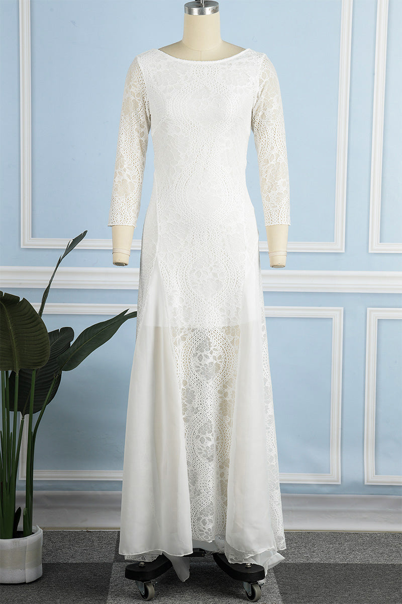 GR | Sweet Solid Lace Back Cutout O Neck Trailing Dresses