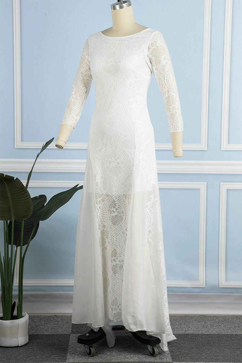 GR | Sweet Solid Lace Back Cutout O Neck Trailing Dresses