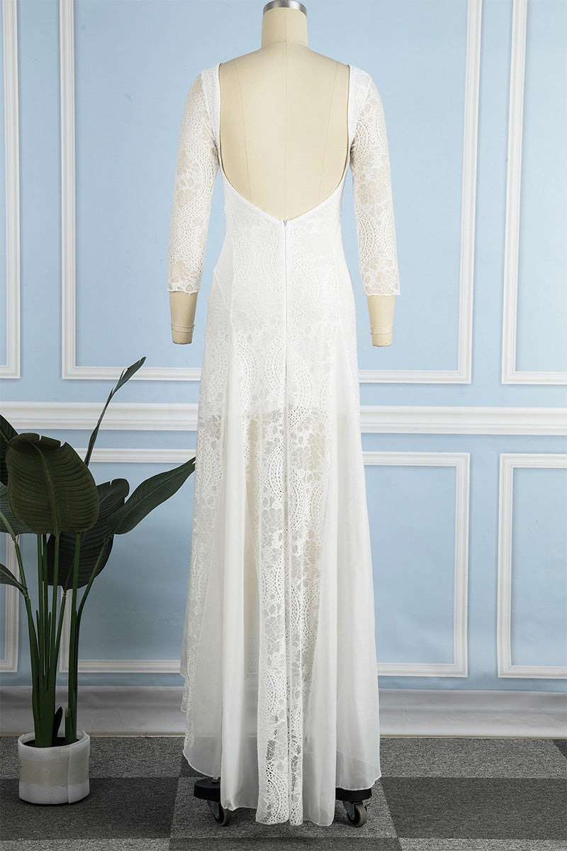 GR | Sweet Solid Lace Back Cutout O Neck Trailing Dresses