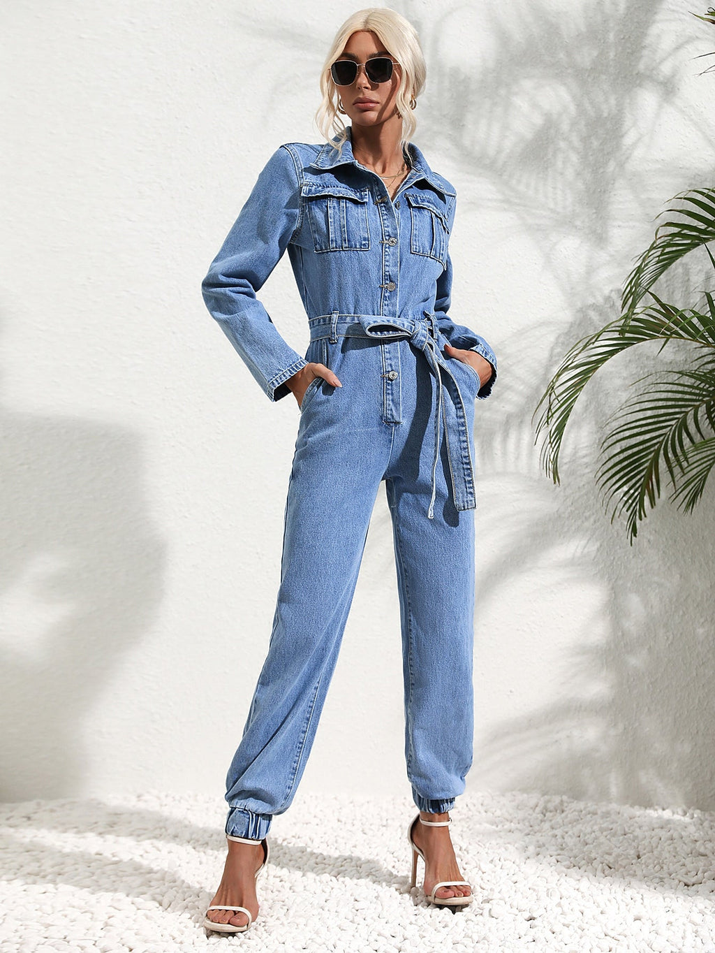 Casual utility jumpsuit with denim belt