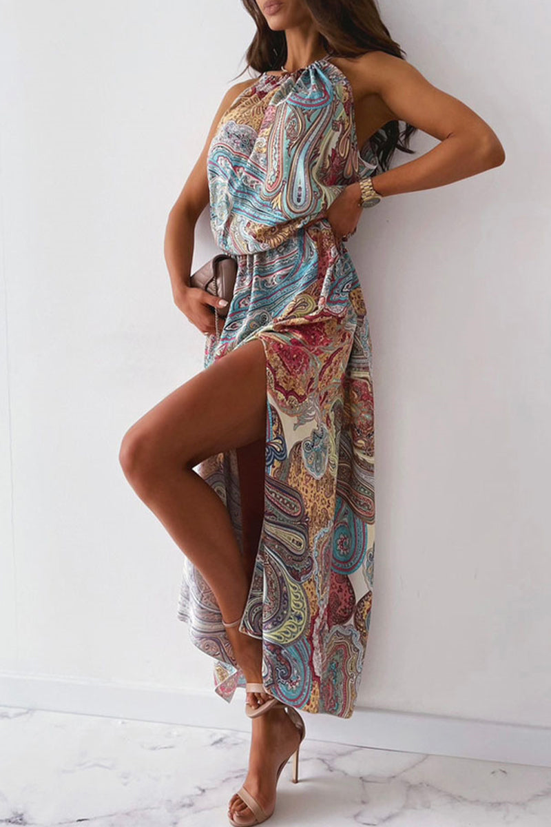 GR | Vintage Elegant Print Halter A-Line Dresses