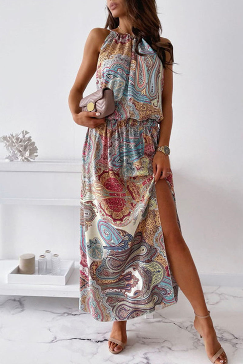GR | Vintage Elegant Print Halter A-Line Dresses