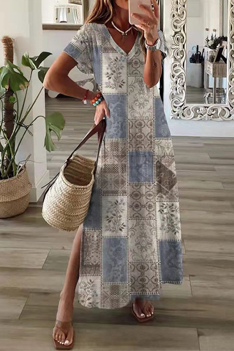 GR | Casual Mixed Print Patchwork Overseas Printed Dress Short Sleeve Dress