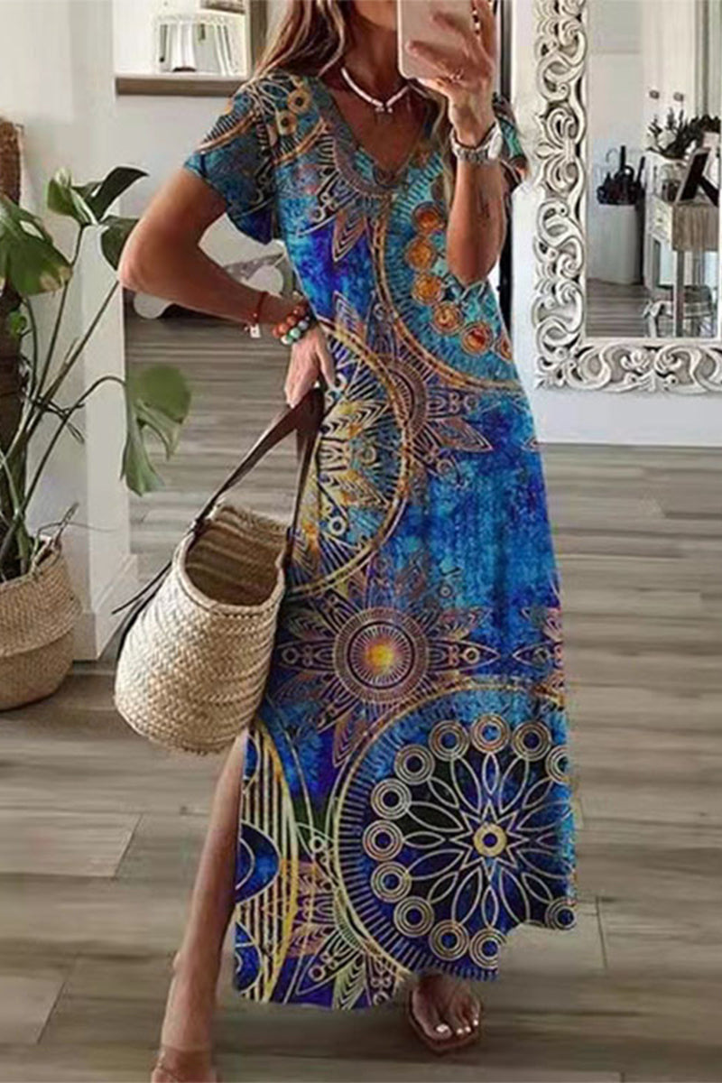 GR | Casual Mixed Print Patchwork Overseas Printed Dress Short Sleeve Dress