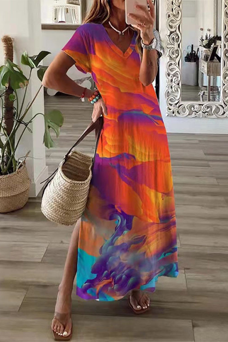 GR | Casual Mixed Print Patchwork Overseas Printed Dress Short Sleeve Dress