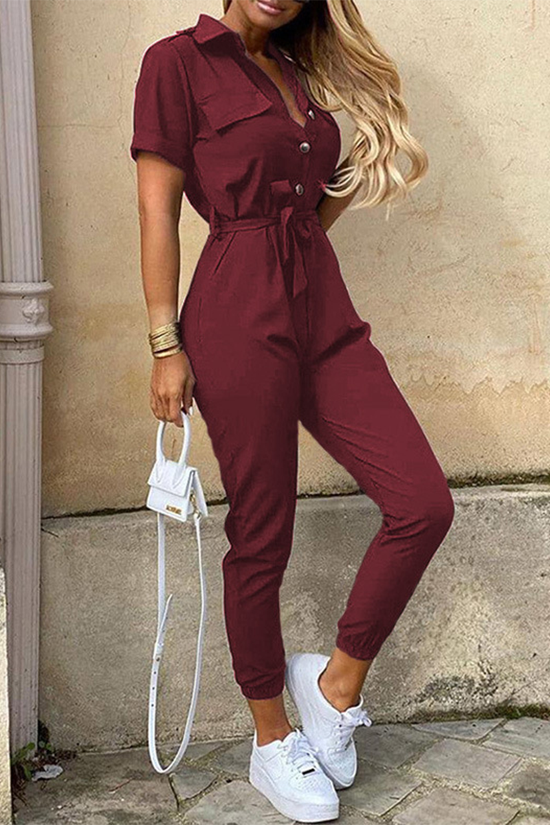GR | Casual Daily Solid Color Frenulum with Belt Turn-Down Collar Regular Jumpsuits