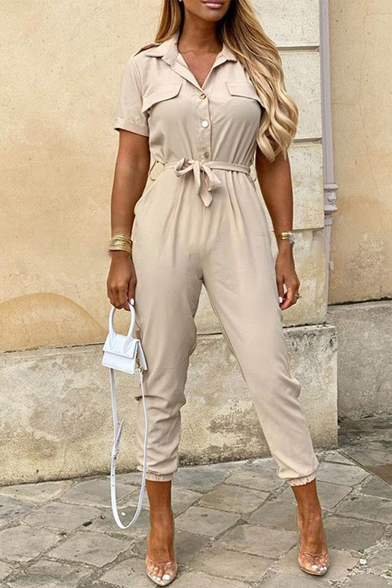GR | Casual Daily Solid Color Frenulum with Belt Turn-Down Collar Regular Jumpsuits