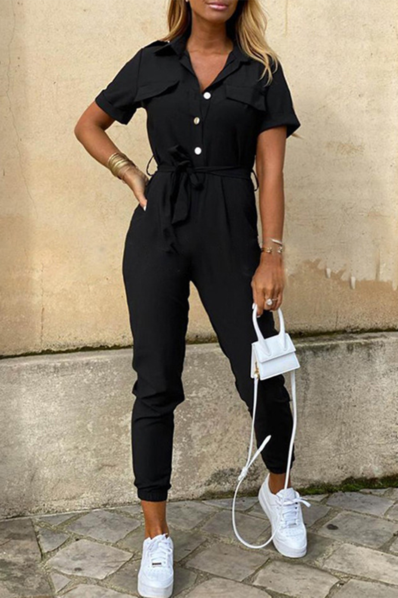 GR | Casual Daily Solid Color Frenulum with Belt Turn-Down Collar Regular Jumpsuits