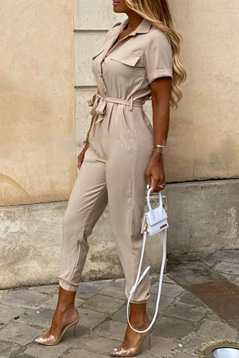 GR | Casual Daily Solid Color Frenulum with Belt Turn-Down Collar Regular Jumpsuits