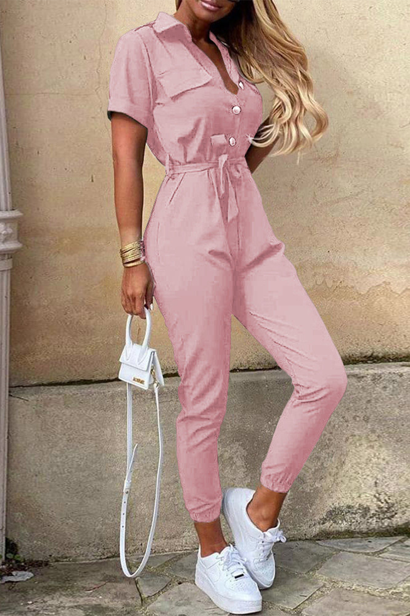 GR | Casual Daily Solid Color Frenulum with Belt Turn-Down Collar Regular Jumpsuits