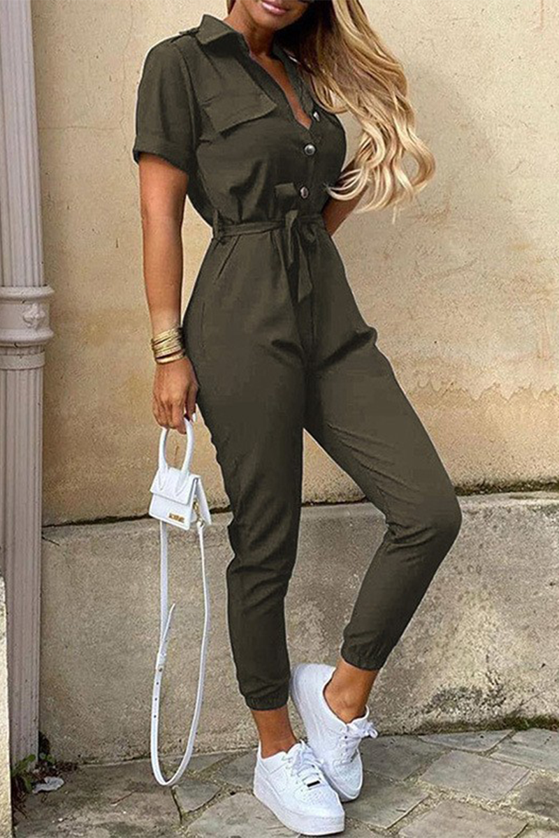GR | Casual Daily Solid Color Frenulum with Belt Turn-Down Collar Regular Jumpsuits