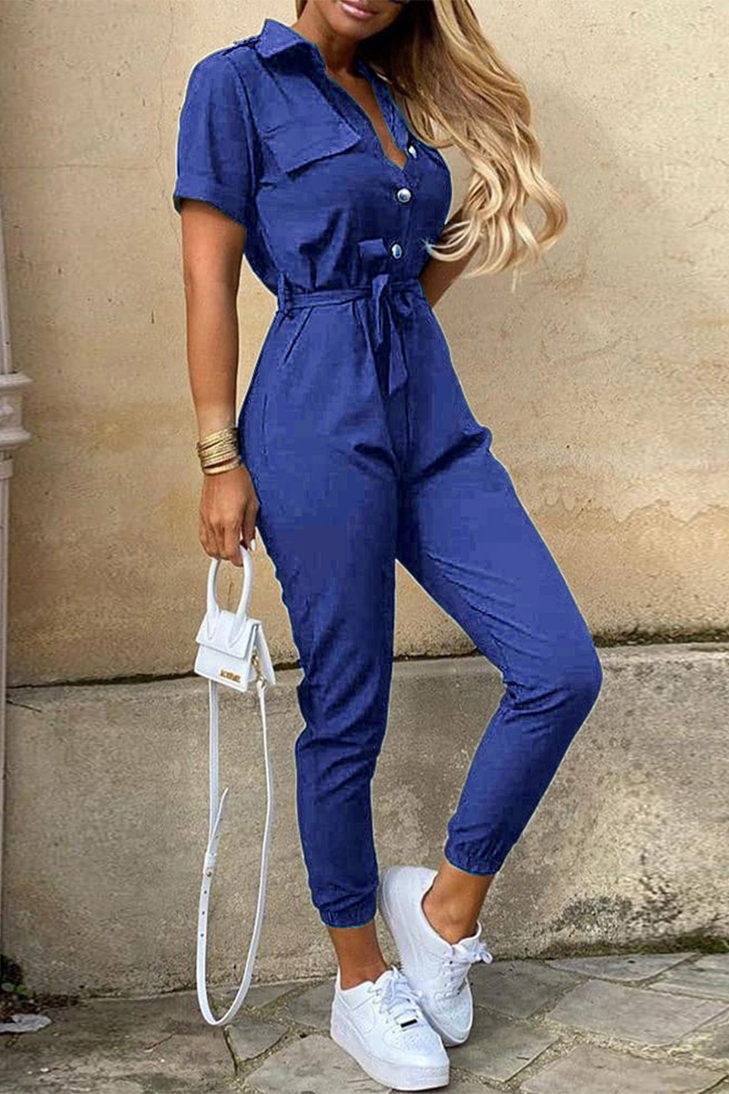 GR | Casual Daily Solid Color Frenulum with Belt Turn-Down Collar Regular Jumpsuits