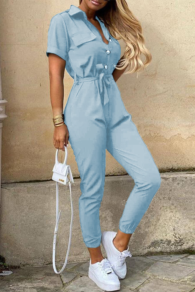 GR | Casual Daily Solid Color Frenulum with Belt Turn-Down Collar Regular Jumpsuits