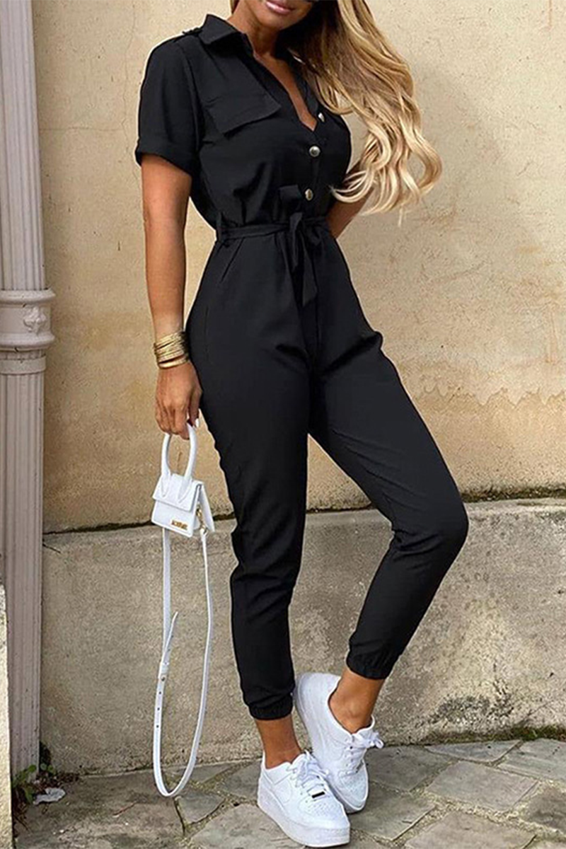 GR | Casual Daily Solid Color Frenulum with Belt Turn-Down Collar Regular Jumpsuits
