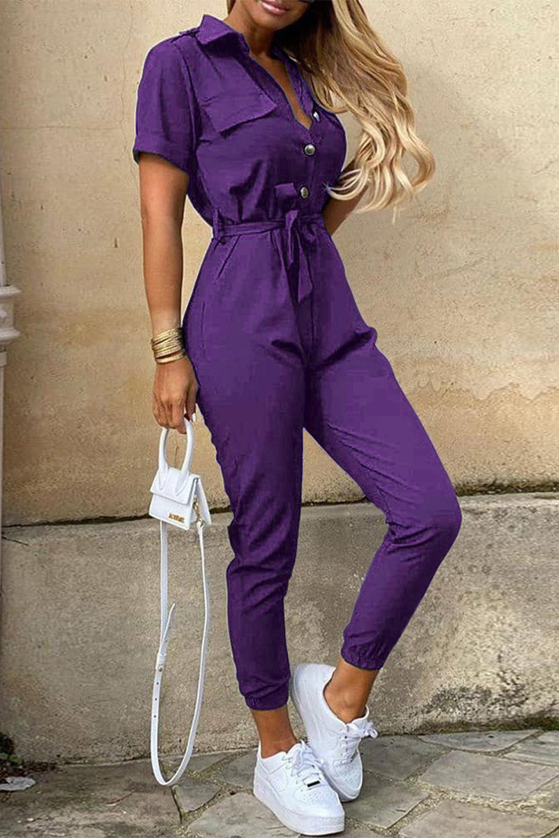 GR | Casual Daily Solid Color Frenulum with Belt Turn-Down Collar Regular Jumpsuits