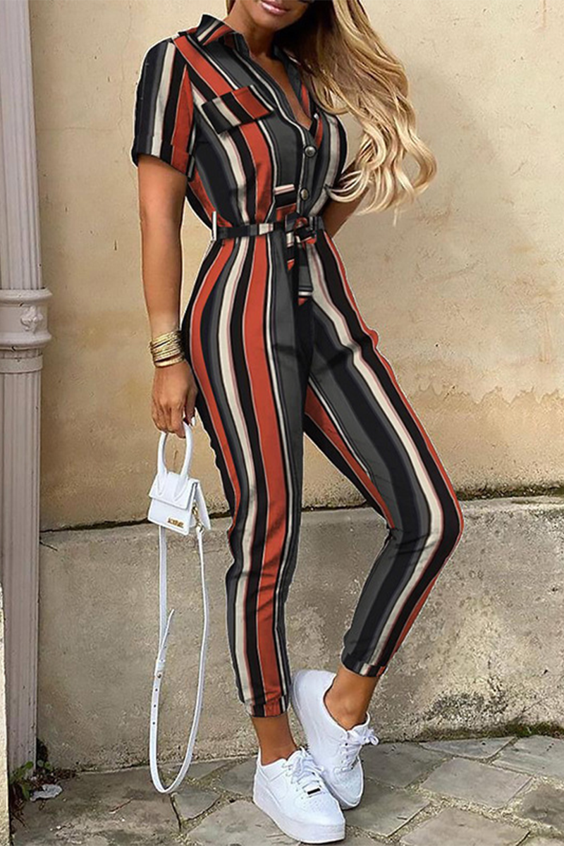 GR | Casual Print Patchwork Turn-Up Collar Regular Jumpsuits