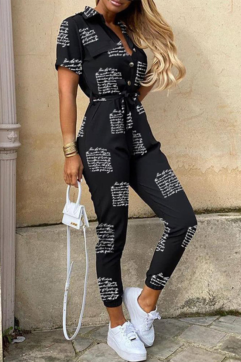 GR | Casual Print Patchwork Turn-Up Collar Regular Jumpsuits