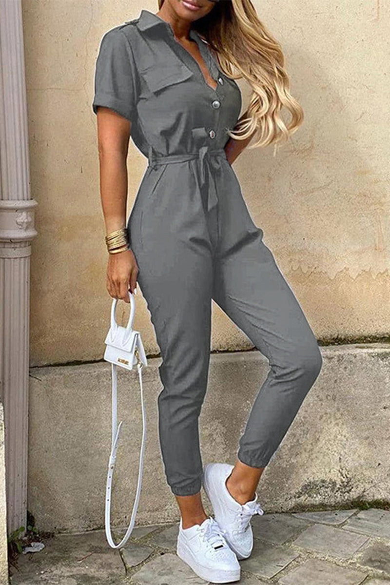 GR | Casual Daily Solid Color Frenulum with Belt Turn-Down Collar Regular Jumpsuits