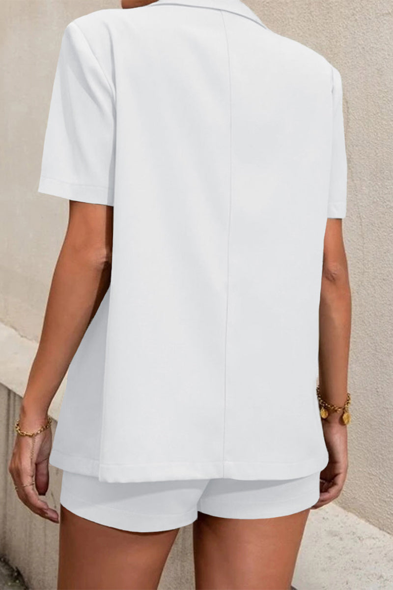 GR | Casual work, solid color, buttons, fold-over collar, short sleeves, two-piece set