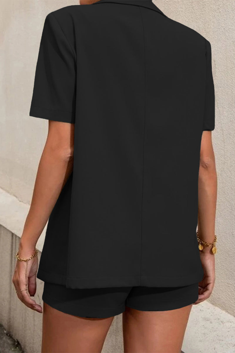 GR | Casual work, solid color, buttons, fold-over collar, short sleeves, two-piece set