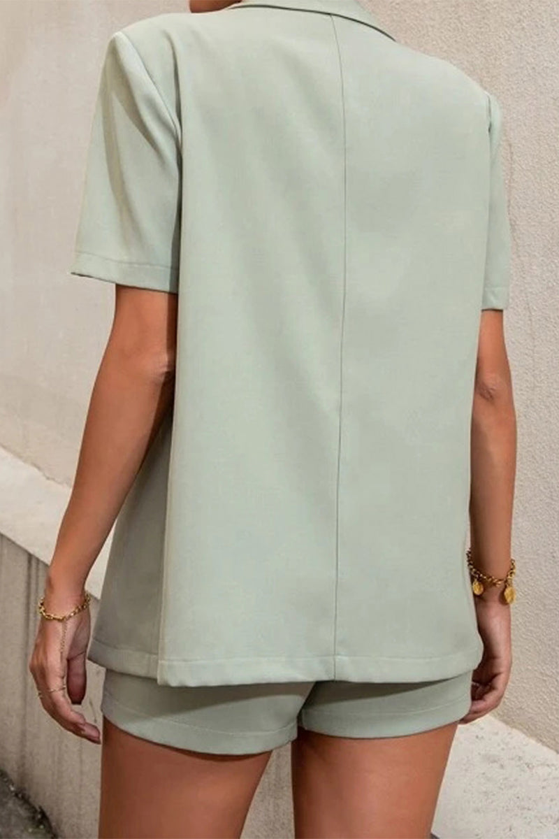 GR | Casual work, solid color, buttons, fold-over collar, short sleeves, two-piece set
