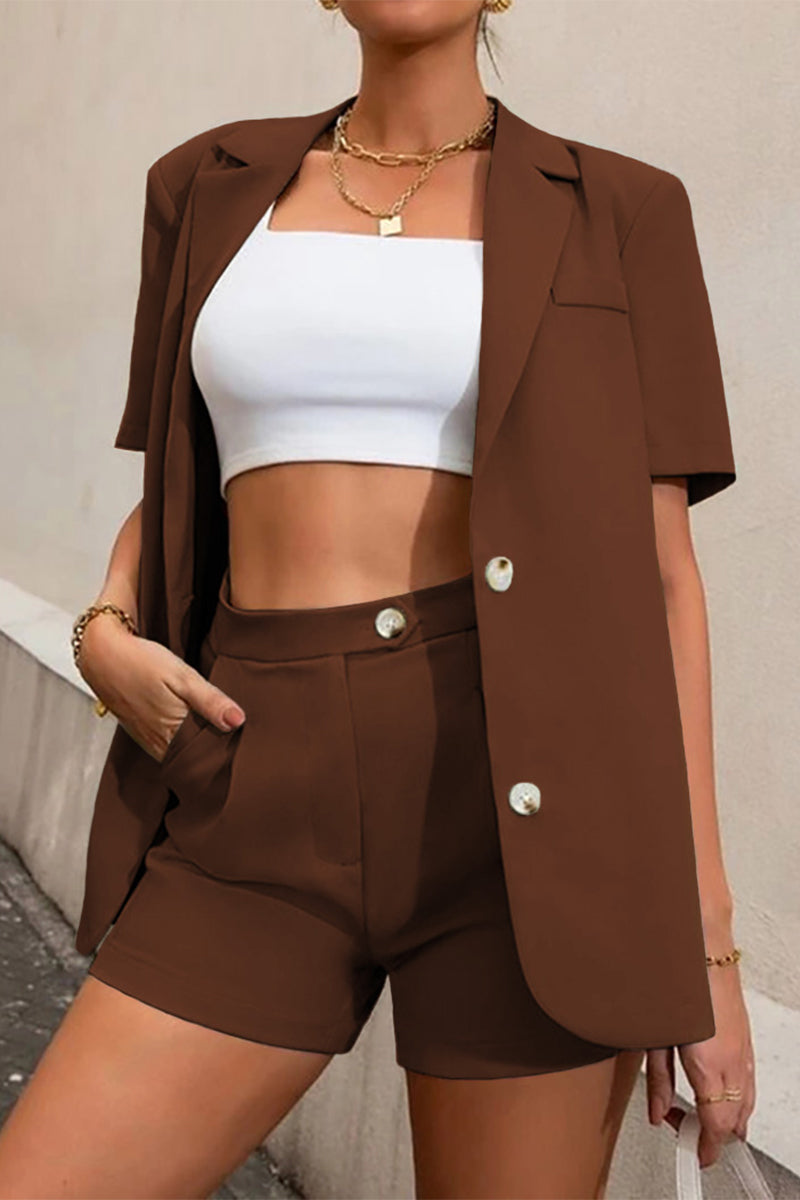 GR | Casual work, solid color, buttons, fold-over collar, short sleeves, two-piece set