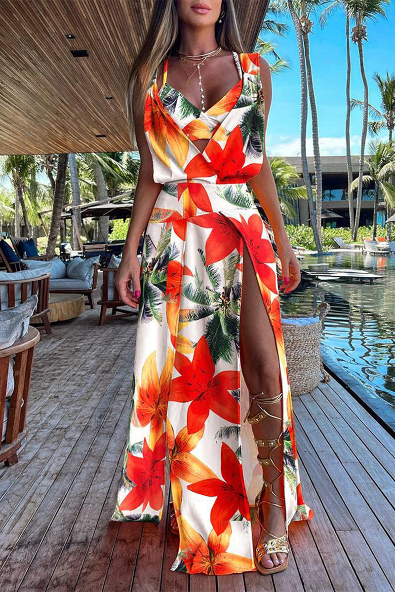 GR | Casual Holiday Print Patchwork Frenulum V-Neck Sleeveless Two-Piece Set - 6 Colors