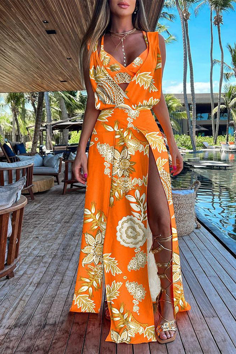GR | Casual Holiday Print Patchwork Frenulum V-Neck Sleeveless Two-Piece Set - 6 Colors