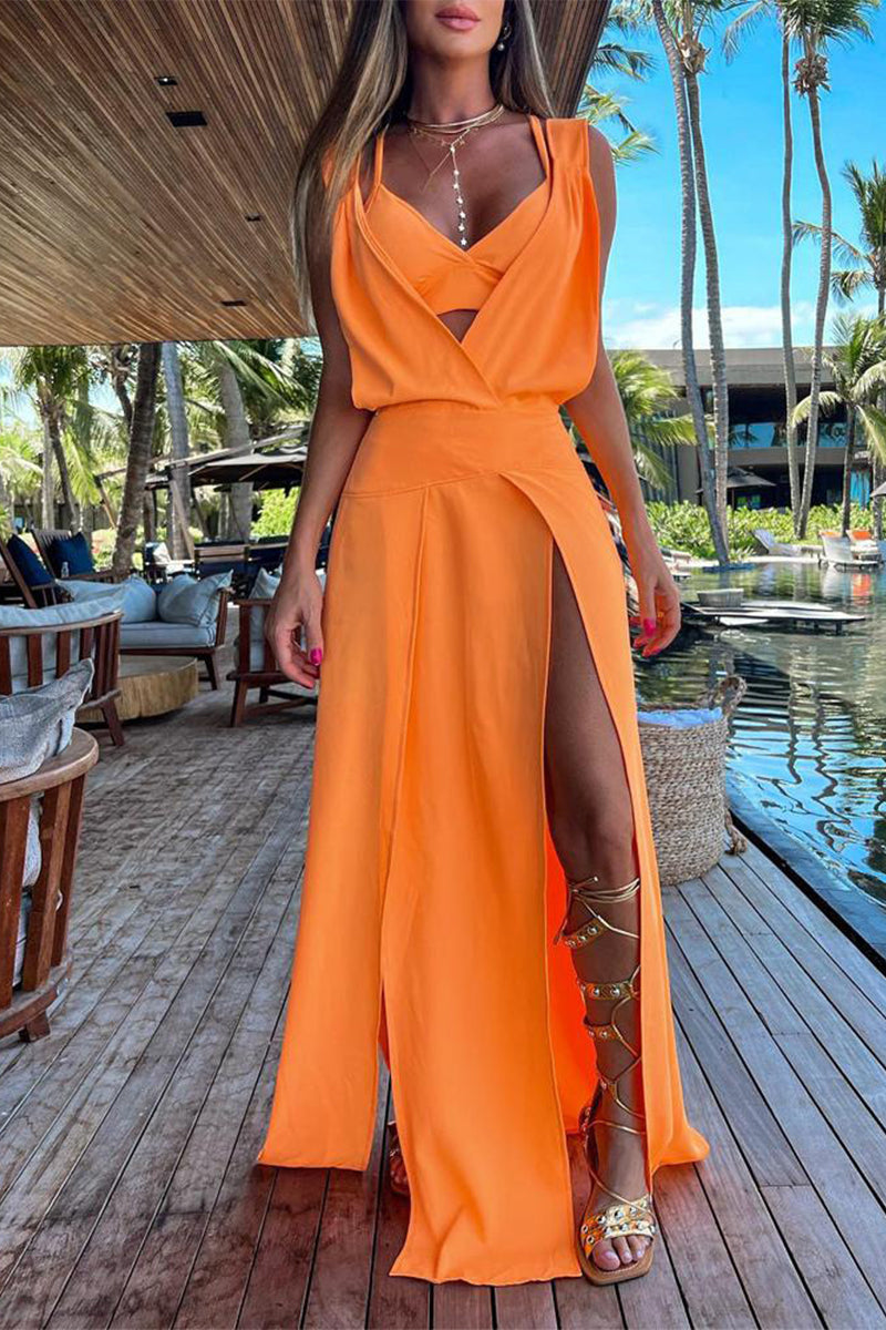 GR | Casual Holiday Print Patchwork Frenulum V-Neck Sleeveless Two-Piece Set - 6 Colors