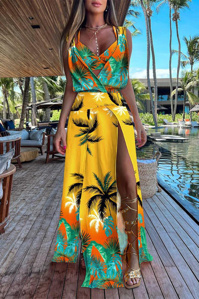GR | Casual Holiday Print Patchwork Frenulum V-Neck Sleeveless Two-Piece Set - 6 Colors