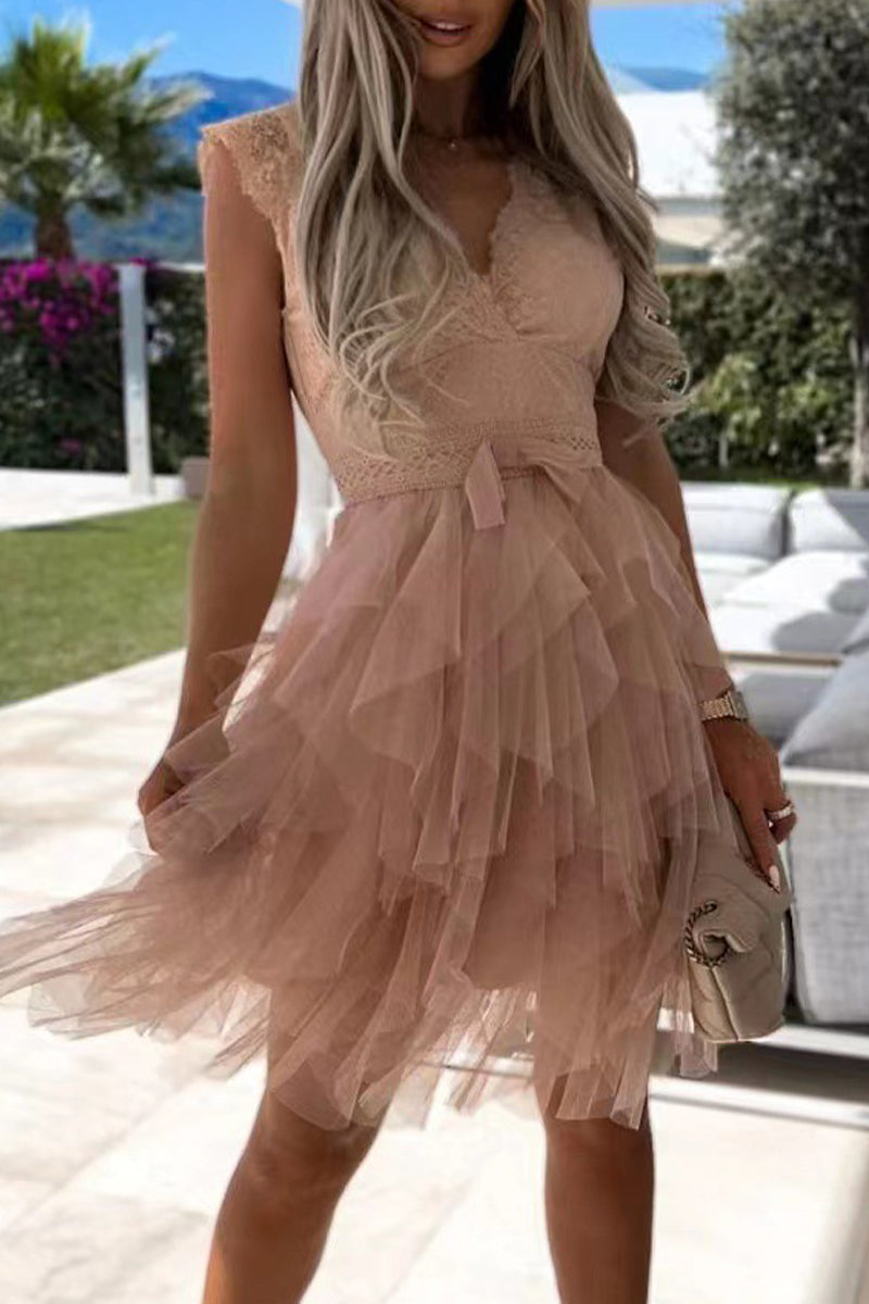 GR | Süß Elegant Fest Mesh V-Ausschnitt Unregelmäßig Kleid Kleider