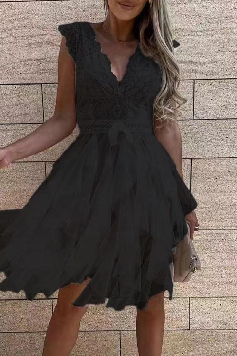 GR | Süß Elegant Fest Mesh V-Ausschnitt Unregelmäßig Kleid Kleider