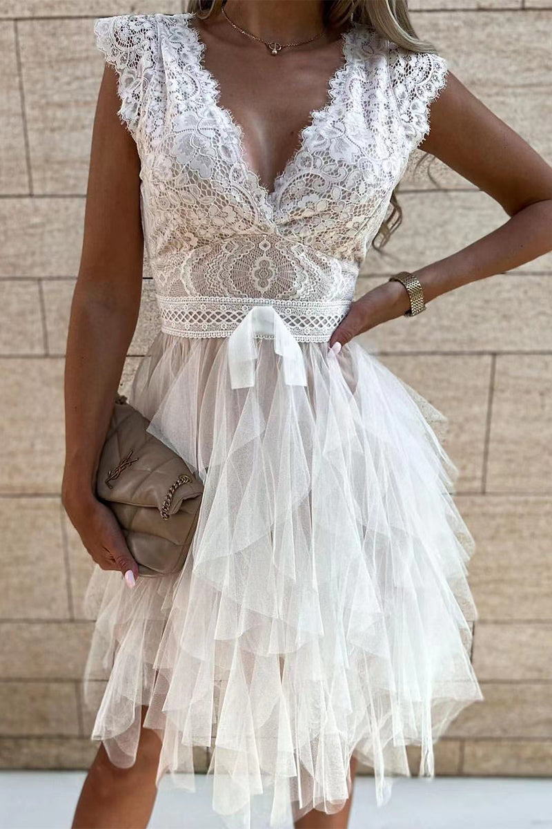 GR | Süß Elegant Fest Mesh V-Ausschnitt Unregelmäßig Kleid Kleider