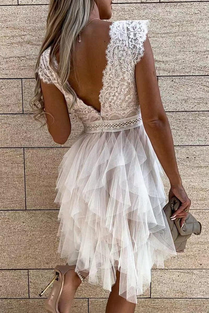 GR | Süß Elegant Fest Mesh V-Ausschnitt Unregelmäßig Kleid Kleider