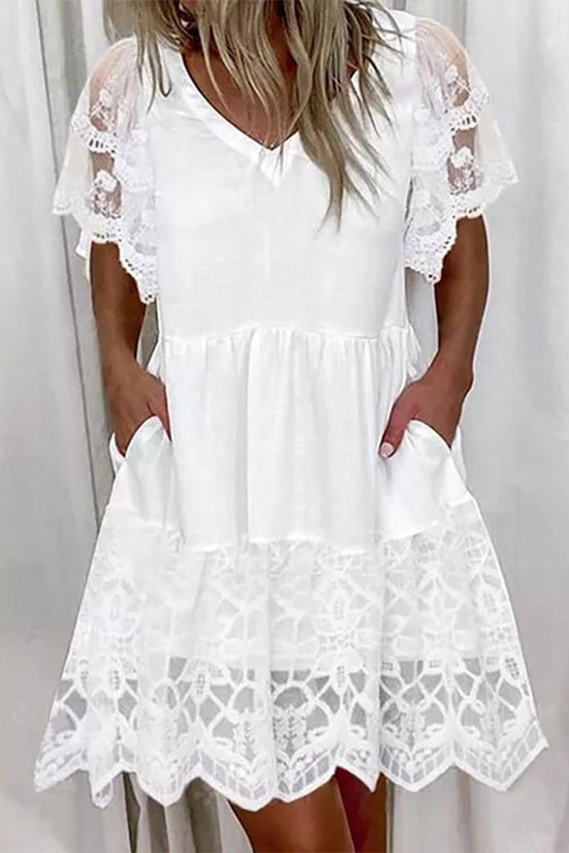 GR | Süß Elegant Fest Solid Spitze Tasche A-Linie Kurze Ärmel Kleid