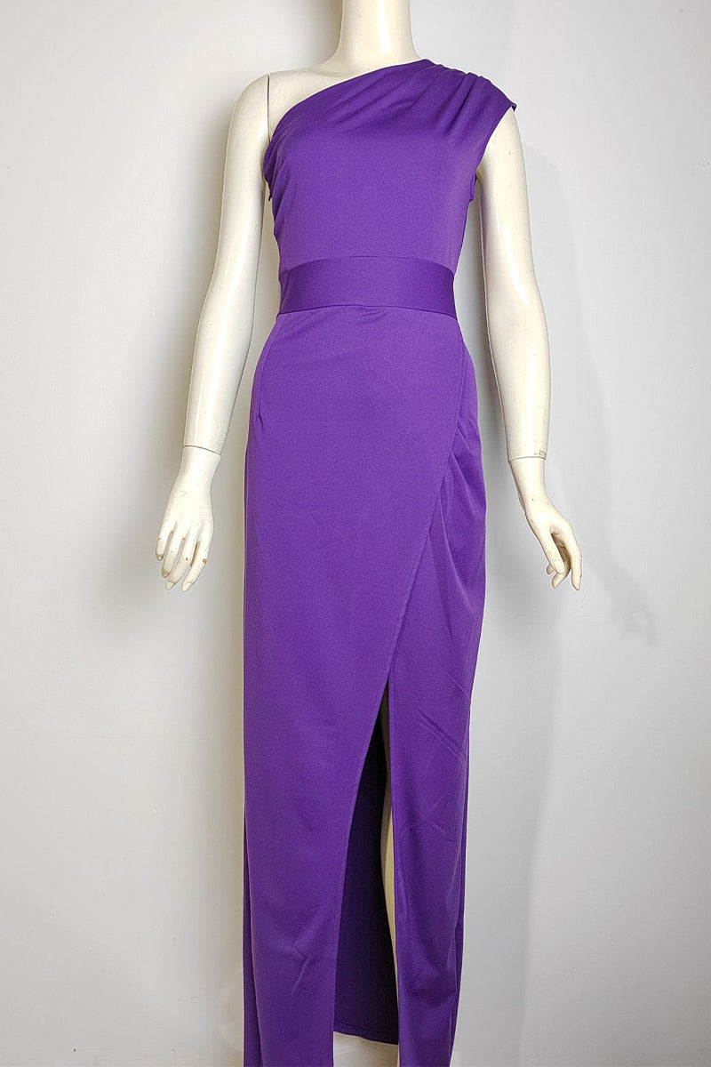 GR | Elegant Formal Solid Color Slit Asymmetrical Slanted Collar Evening Dress Dresses - 8 Colors
