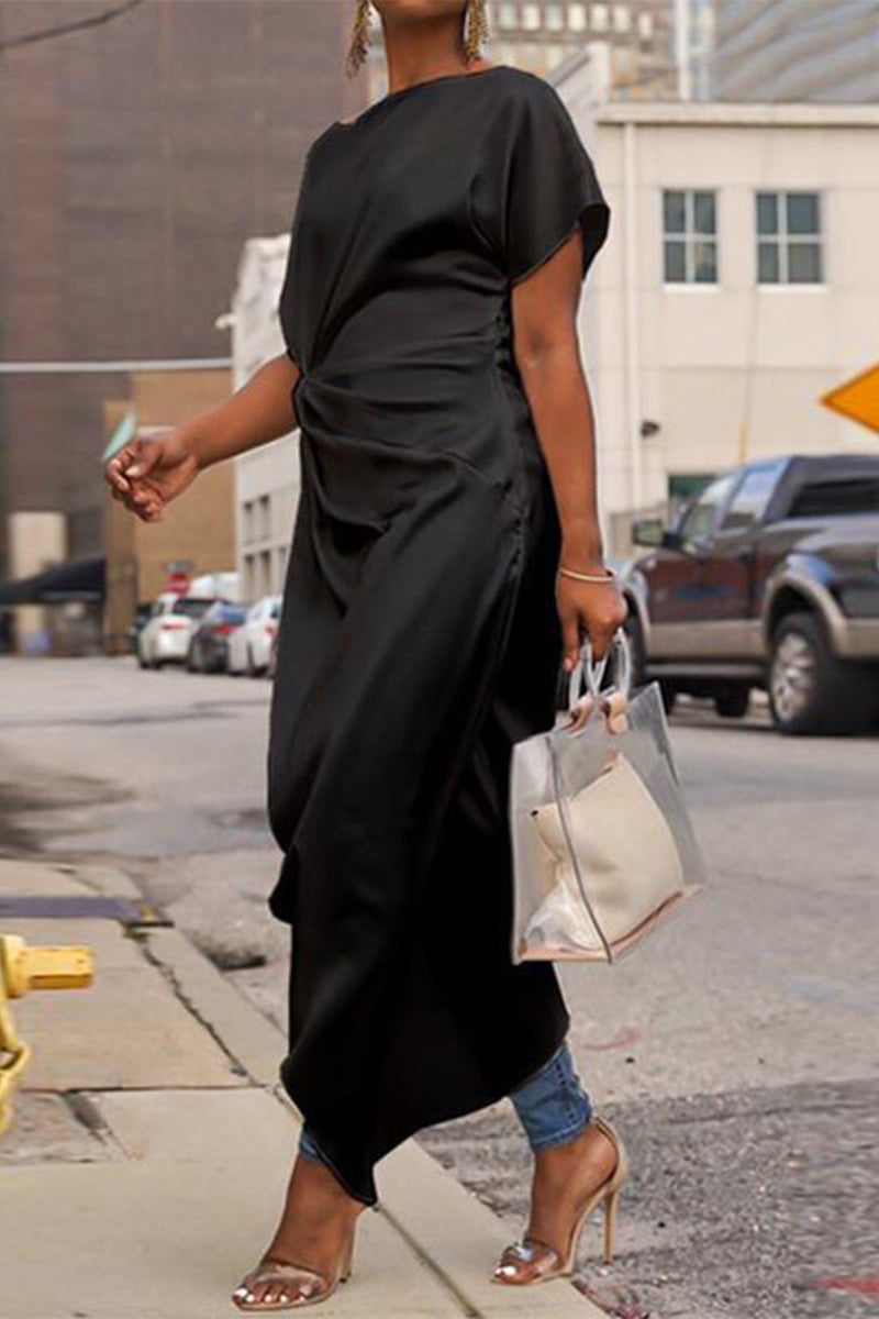 GR | Casual Solid Color Asymmetrical O-Neck Irregular Dress Dresses
