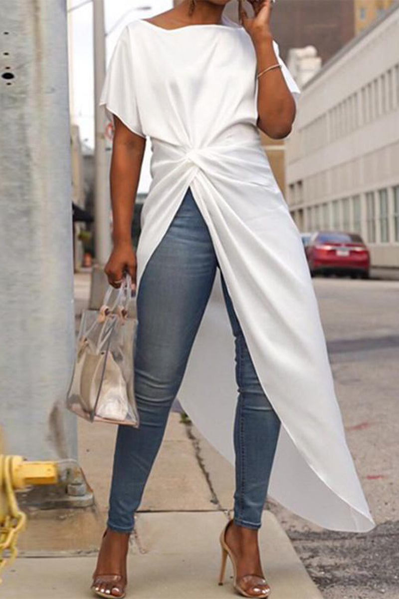 GR | Casual Solid Color Asymmetrical O-Neck Irregular Dress Dresses