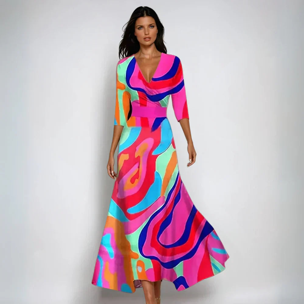 GR | Maxi dress with V-neck and vibrant abstract print for women