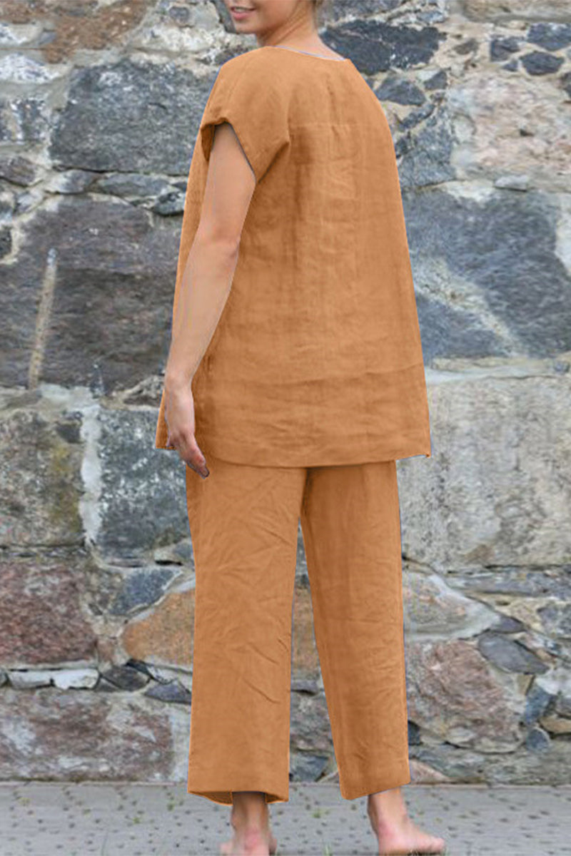 GR | Casual Simplicity Solid Color Crew Neck Short Sleeve Two-Piece