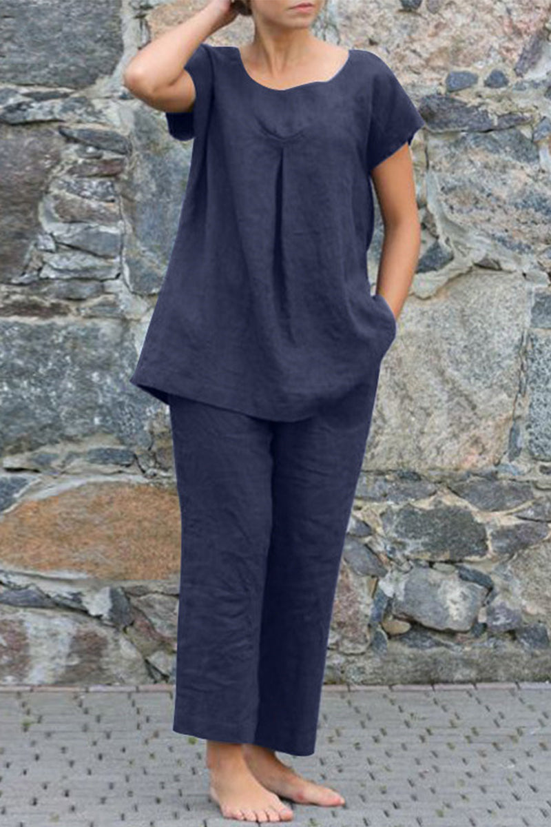 GR | Casual Simplicity Solid Color Crew Neck Short Sleeve Two-Piece