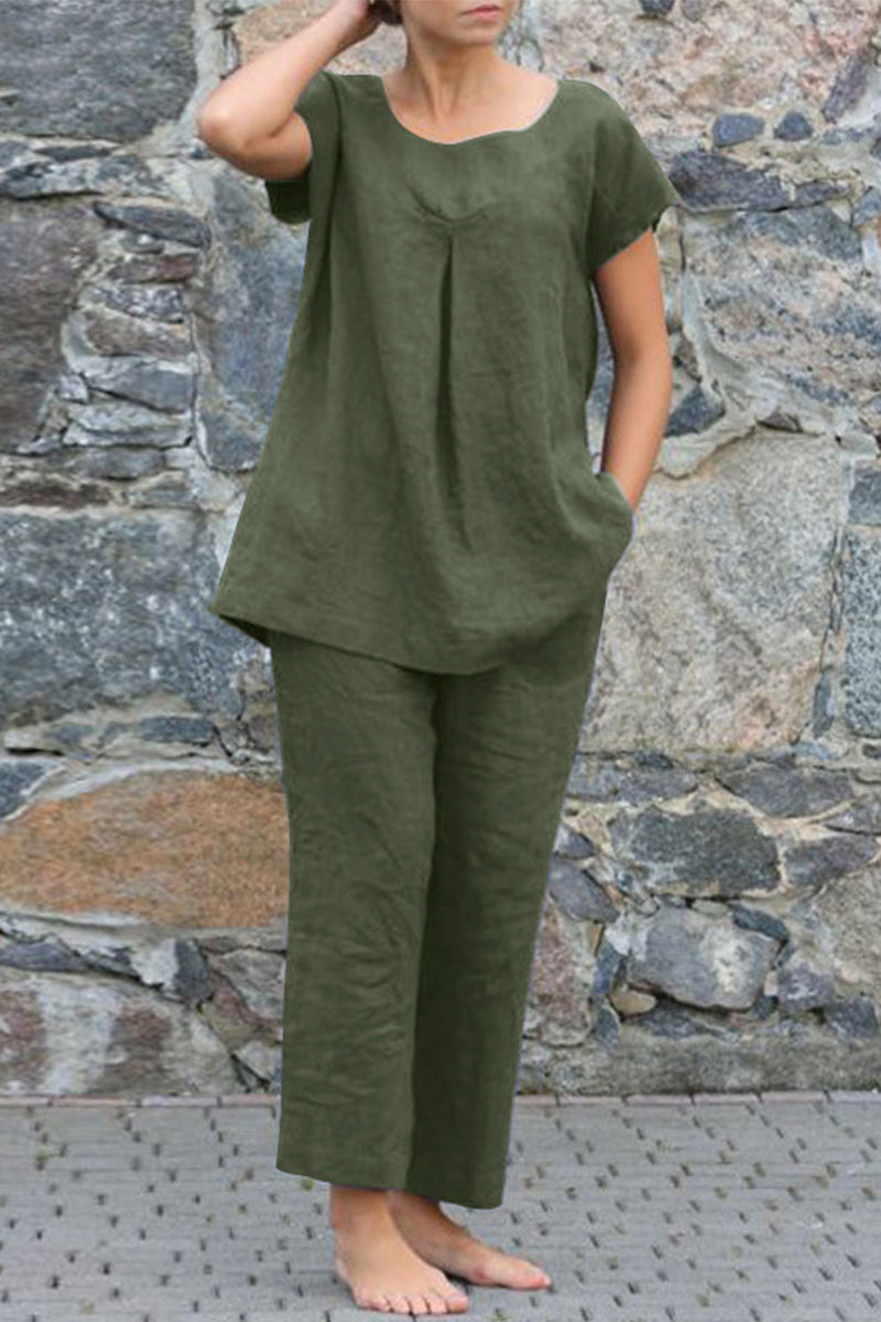 GR | Casual Simplicity Solid Color Crew Neck Short Sleeve Two-Piece